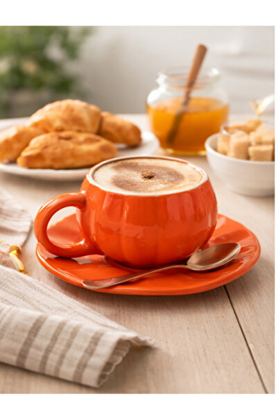 Home Turuncu Balkabağı Desenli 2’li Kahve Fincanı Seti – Seramik Fincan & Tabak