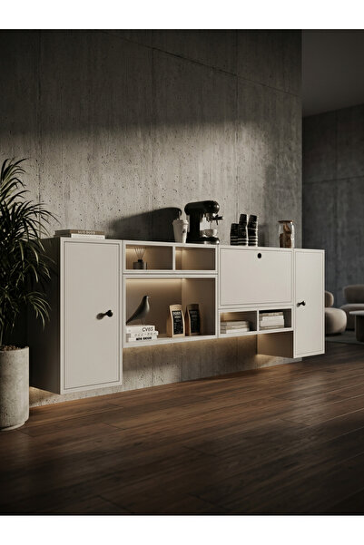 FOR WOMAN DESİGN Ahşap Modern Kahve Köşesi 3 Kapaklı 5 Açık Raflı Modern Yeni...