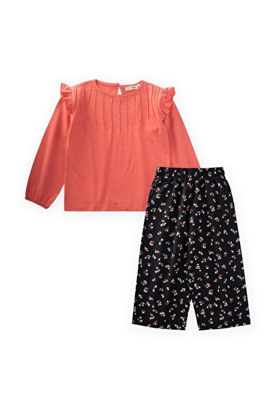 Cigit Rebrasti detaljni T-shirt set za decu od 2-8 godina, koraljni