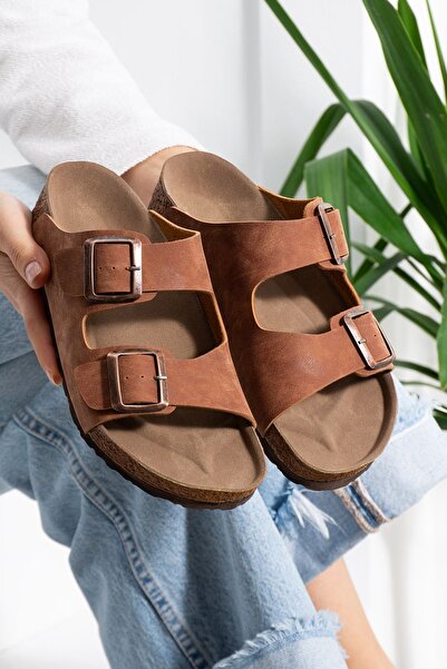 FUGA MODA Arona Taba Nubuck Double Striped Orthopedic Cork Sole Premium Slipper