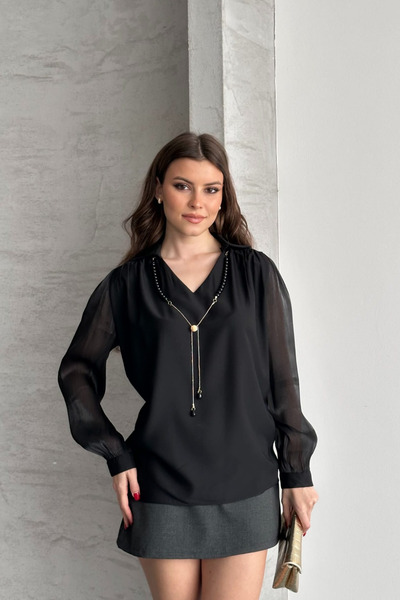 sunfyre Women's V-Neck Shoulders with Ruched Pendants Lined Sleeves Sheer Dra...