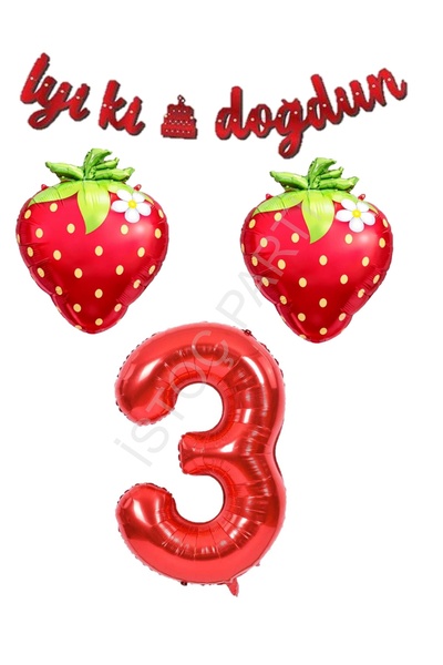İSTOÇ PARTİ İyiki Doğdun Yazılı Çilek Konsept Doğum Günü Folyo Balon Seti Yaş-3