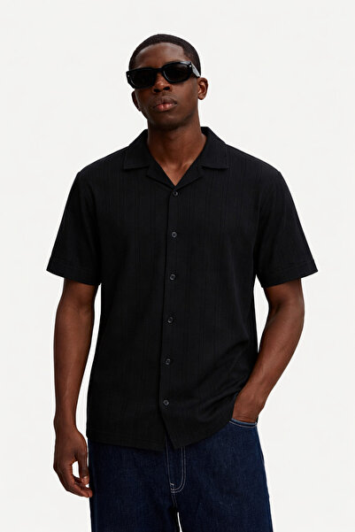 DAMGA JEANS Men's Self Patterned Stretchy Black Casual Shirt