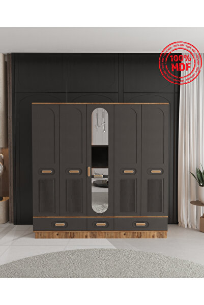 Teen & Bright PERA 5 KAPAKLI ÇEKMECELİ BAZALI GARDIROP - TAMAMI MDF