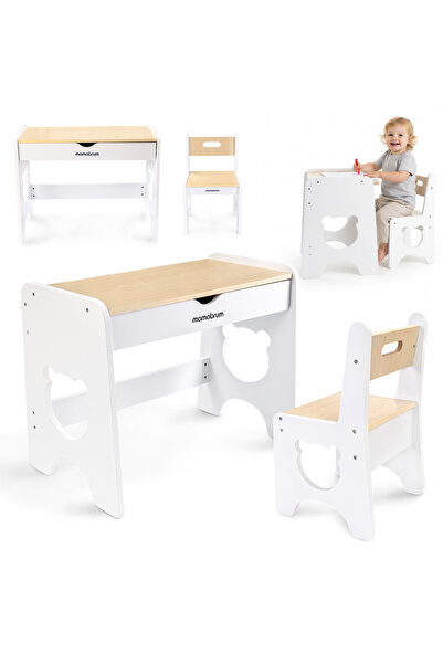 mamabrum Set masă și scaun copii din lemn alb cu sertar Urs