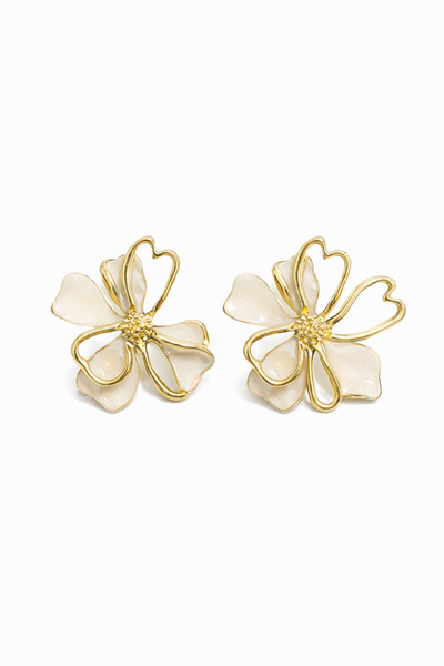 U&Gi Moda Cream Enamel Embroidered Gold Framed-Vintage Flower Earrings