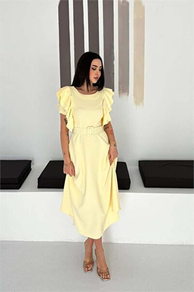 Dipmoda Женска рокля с жълт колан и бухнали ръкави, дължина до коляното DPK4559