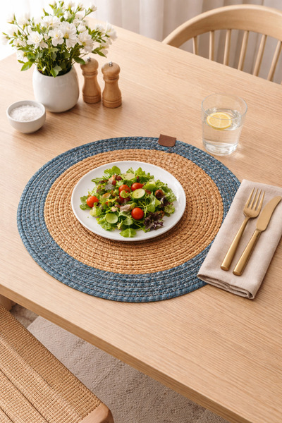 Halımax Alice Jute Straw-Textured Round Supla Reversible Washable Placemat Bl...