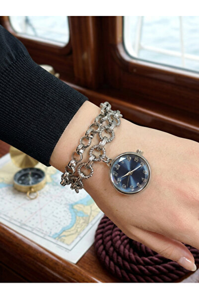 GAMBU Gümüş Renk Lacivert Kadranlı Kalın Zincir Kordonlu Sallantılı Kadın Kol...