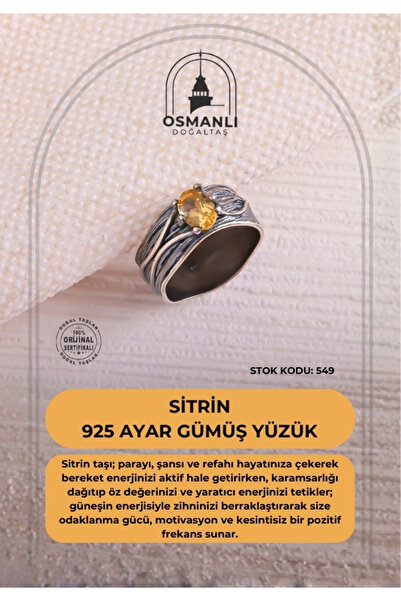OSMANLI DOĞAL TAŞ Sertifikalı Sitrin 925 Ayar Gümüş Yüzük (SK:549)