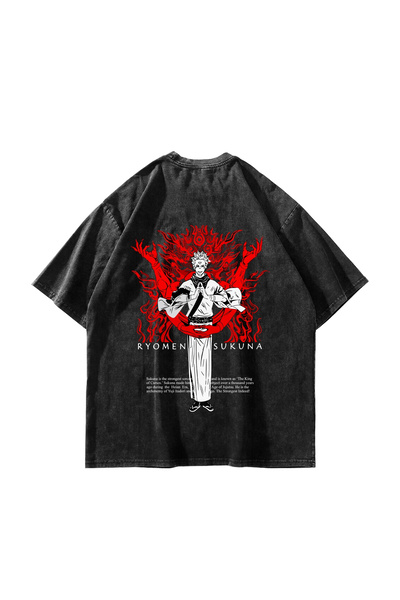 Bak Moda Ryomen Sukuna Štampano Oversize kroj Unisex periva crna majica