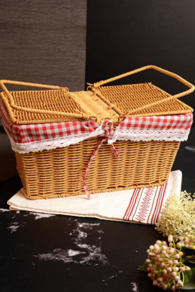 CİYU TİCARET Nostaljik Piknik Sepeti Kare Şekilli Kapaklı Ekose Kumaşlı Nosta...