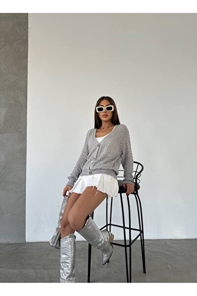 Royteks Fashion Women's Gray Drop Shoulder Openwork Hair Knit Buttoned Oversi...