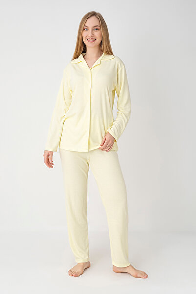 Moon Line Astra Rib Knit Long Sleeve Buttoned Shirt Collar Women's Pajama Set