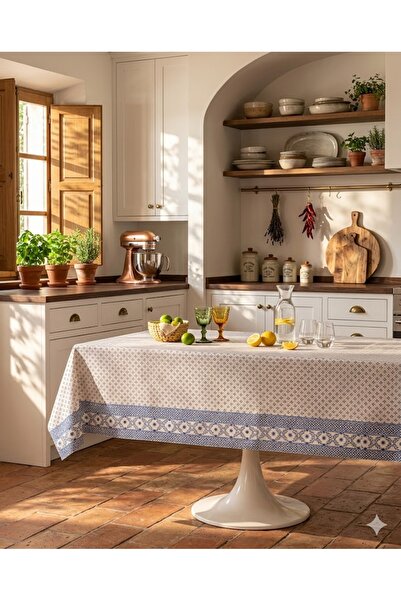 her evemağaza Agnes Pvc Tablecloth - White/Blue - 140X140 cm