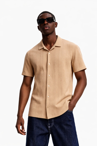 DAMGA JEANS Ανδρικό πουκάμισο Kendiren Με σχέδιο Ελαστικό σε κρεμ χρώμα