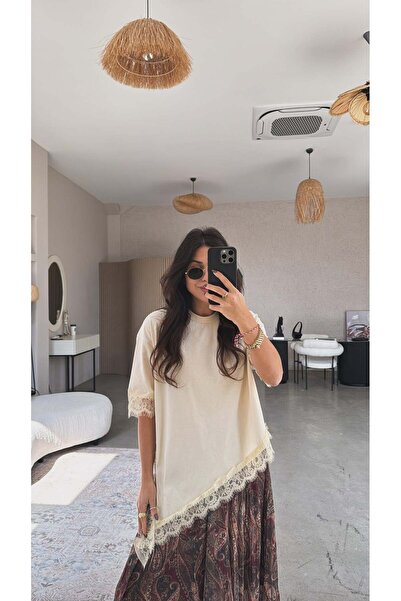 Buket Teke Krem asimetrična Pamuk Čipka paket majica