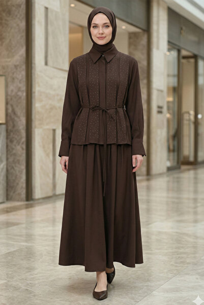 FERHEL Γυναικείο Σετ Πουκάμισο και Φούστα με Πέτρινη Λεπτομέρεια - Καφέ