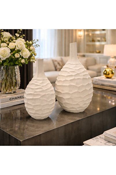 İSHTAR DEKOR Modern 2-Piece Wavy Vase - Travertine Color - Large: 48*26 cm - ...