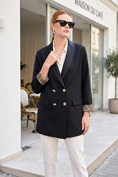 MODAQU Leopar Astarlı Düğme Detaylı Blazer Ceket - Siyah