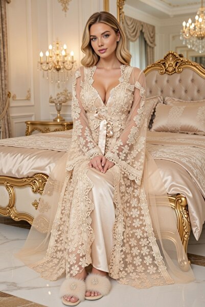 big mama Luxury Lace Piece Nightgown and Dressing Gown Set, Dowry Set, Elegan...
