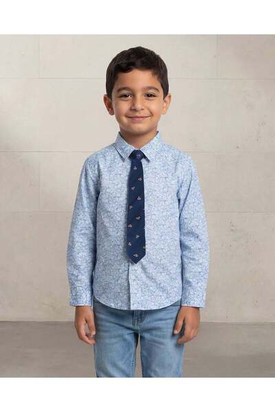 REDTAG Boys Blue Allover Print Shirt With Tie