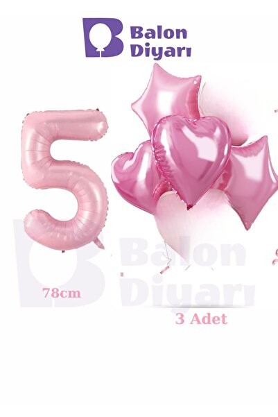 BALON DİYARI 5-Year-Old Pink Girls Special Birthday 3-Piece Heart Star Foil B...