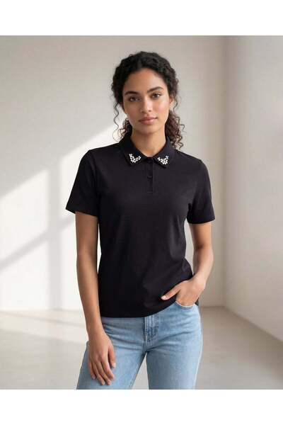 REDTAG Women Black Polo Collar Top
