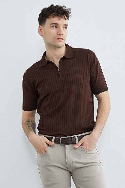 Fulla Moda κοτλέ Πλεκτό μπλουζάκι με λαιμόκοψη πόλο και μισό φερμουάρ