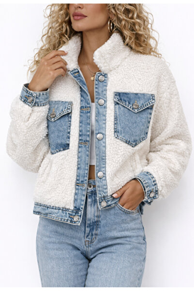 Nobrand Women's White Sherpa Jacket with Denim Inserts – Premium Model