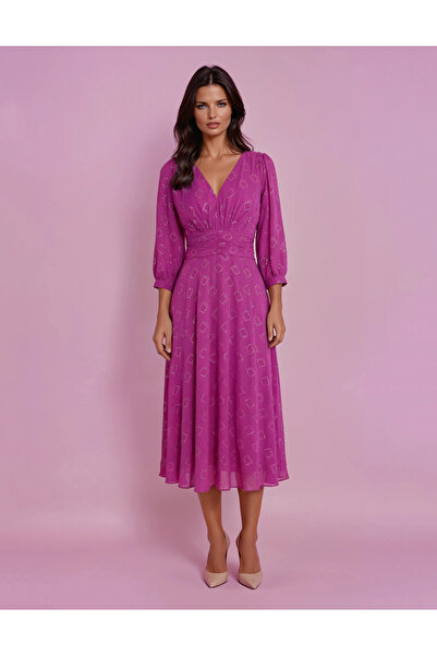 Vessmary Day or occasion dress VSM0948A made of fuchsia veil with Foil Printed