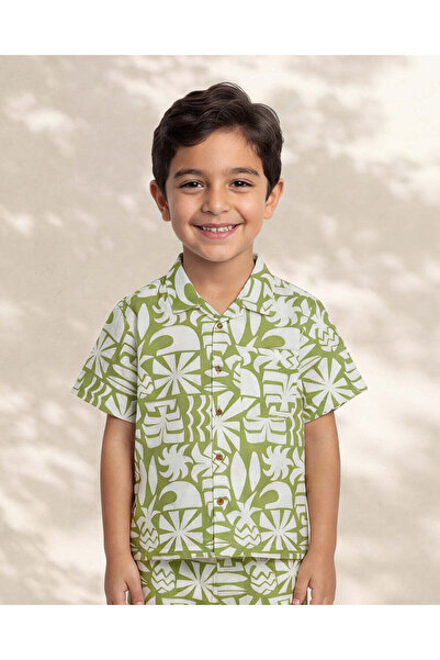 REDTAG Boys Green Palm Print Short Sleeve Shirt