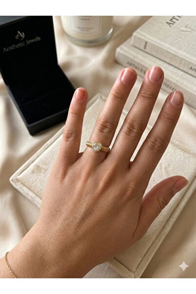ESRADA 3S Heart Cut Halo Stone Gold Twisted Steel Ring