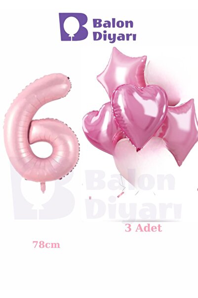 BALON DİYARI 6-Year-Old Pink Girls Special Birthday 3-Piece Heart Star Foil B...