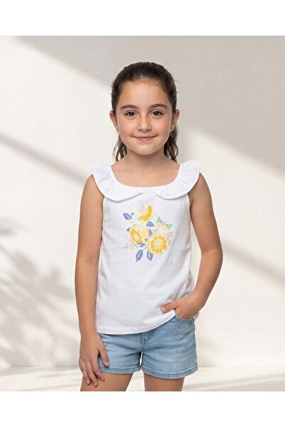 REDTAG Girls White Printed Rib T-Shirt