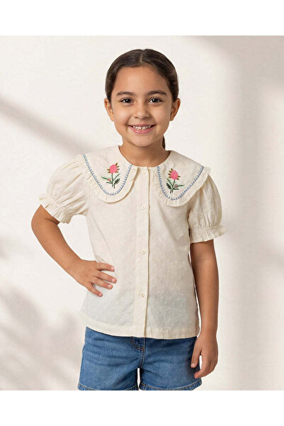REDTAG بلوزة بيضاء مطرّز ياقة دائرية للبنات