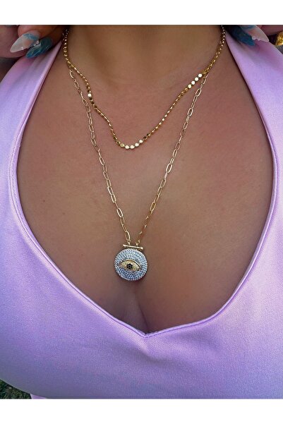 MOD10 Helen Jewerly ataç zincir zirkon taşlı göz detaylı 55 cm nazar çelik go...