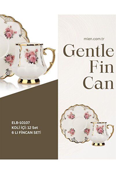 MİEN Gentle 6’lı 90 ML Kahve Fincan Takımı – Gül Desenli Gold Detaylı Porsele...