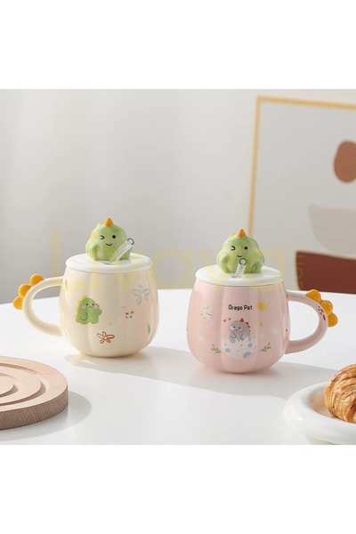 Livava كوب سيراميك بتصميم ديناصور ثلاثي الأبعاد مع غطاء وقشة - تصميم خاص لطيف...