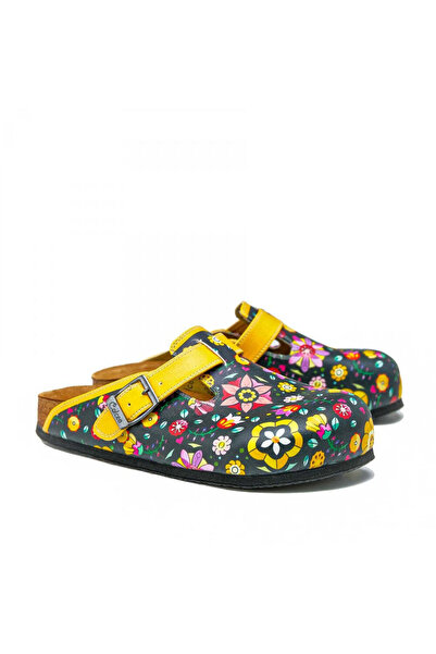 Mundos Women's Vegan Leather Yellow Detailed Slipper - Colorful Flowers Model...