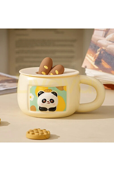 Livava Pastel Design Ceramic Mug with Panda and Baguette Bread Figures, with ...