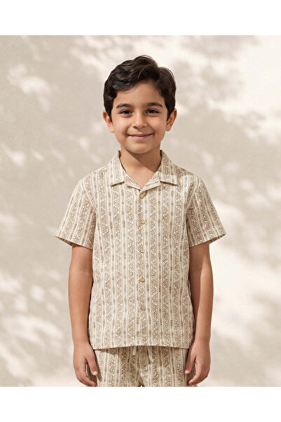 REDTAG Boys Tan Jacquard Short Sleeve Shirt