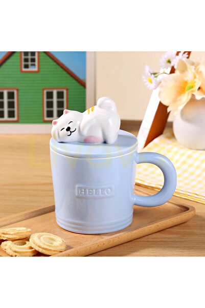 Livava Ceramic Mug with Sleeping Cat Figure and Lid, Special Design Pastel Co...