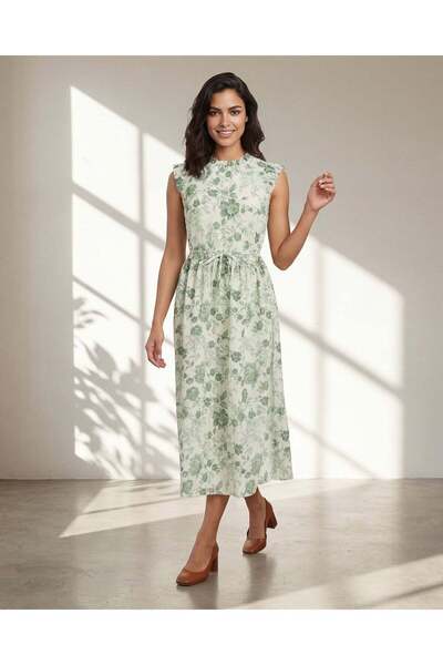 REDTAG فستان بدون أكمام نسائي أخضر مطبوع عليه زهور بدون أكمام