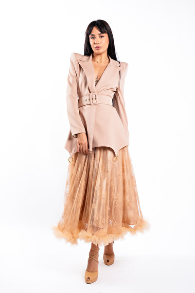 Monarh Design Μίντι φούστα από Δαντέλα με Τούλι βολάν - L