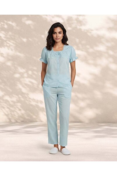 REDTAG Women Blue Solid Decorative Pajama Set