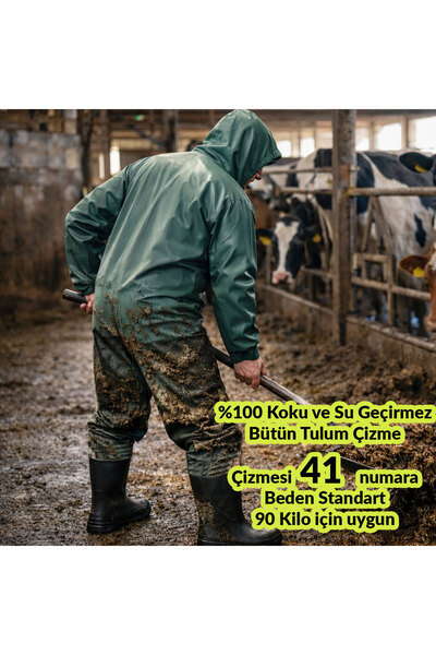 Bursahatırası %100 Koku ve Su Geçirmez PVC Kapişonlu Bütün Tulum Çizme Ahır M...