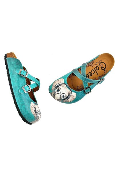 Mundos Women's Vegan Leather Turquoise Crisscross Straps Slipper - Elephant Model with Glasses - Wcal140