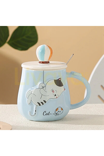 Livava 3D Balloon Handle Cute Cat Lid Ceramic Mug Special Design Coffee Cup w...