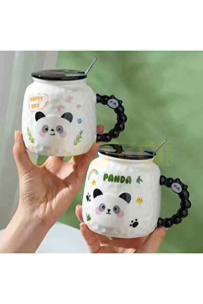 Livava Embossed Ceramic Mug with Panda Figure, Lid and Spoon